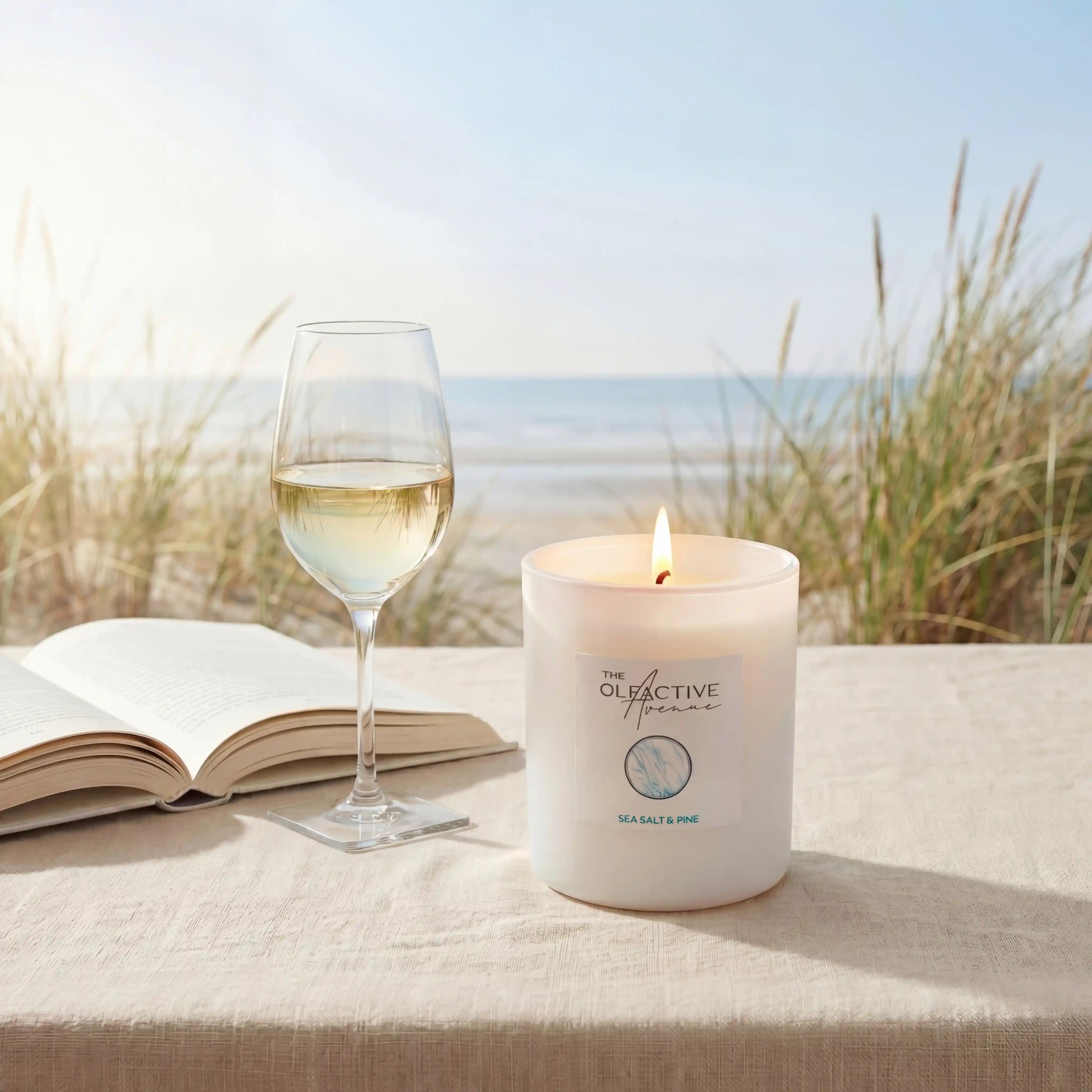Duftkerze Sea Salt & Pine von The Olfactive Avenue am Strand mit Weinglas und Buch – Atmosphère Frisch & Klar