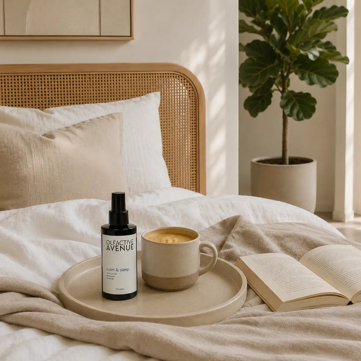 Calm & Sleep Bio-Raumspray von The Olfactive Avenue auf einem Tablett im Bett mit Tee, Buch und entspannter Schlafzimmer-Atmosphäre.