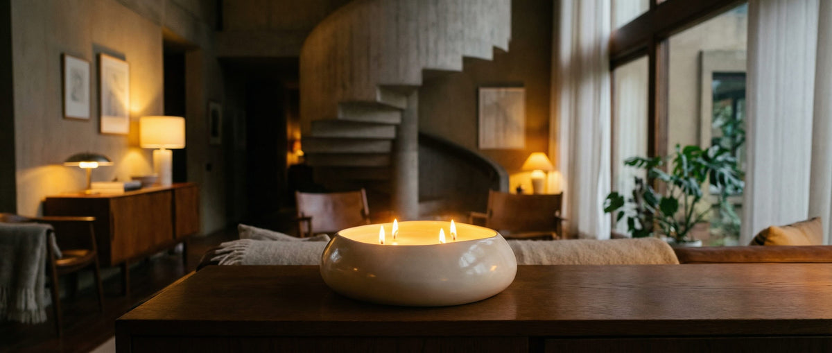 Luxuriöse 750g Signature Mehrdochtkerze mit 4 Dochten von The Olfactive Avenue in einer handgefertigten weißen Keramikschale aus Portugal, präsentiert als stilvolles Centerpiece für exklusives Interior Design.