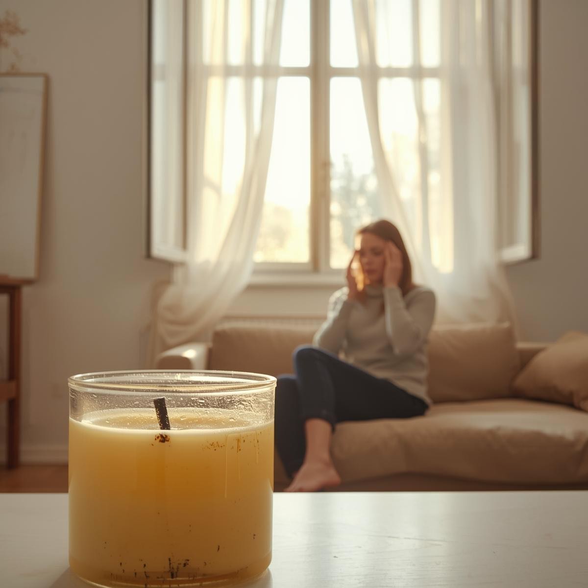 Billige Paraffin-Duftkerze mit geschwärztem Docht auf Couchtisch; offenes Fenster mit wehender Gardine und Sonnenlicht, Frau im Hintergrund mit Hand an den Schläfen