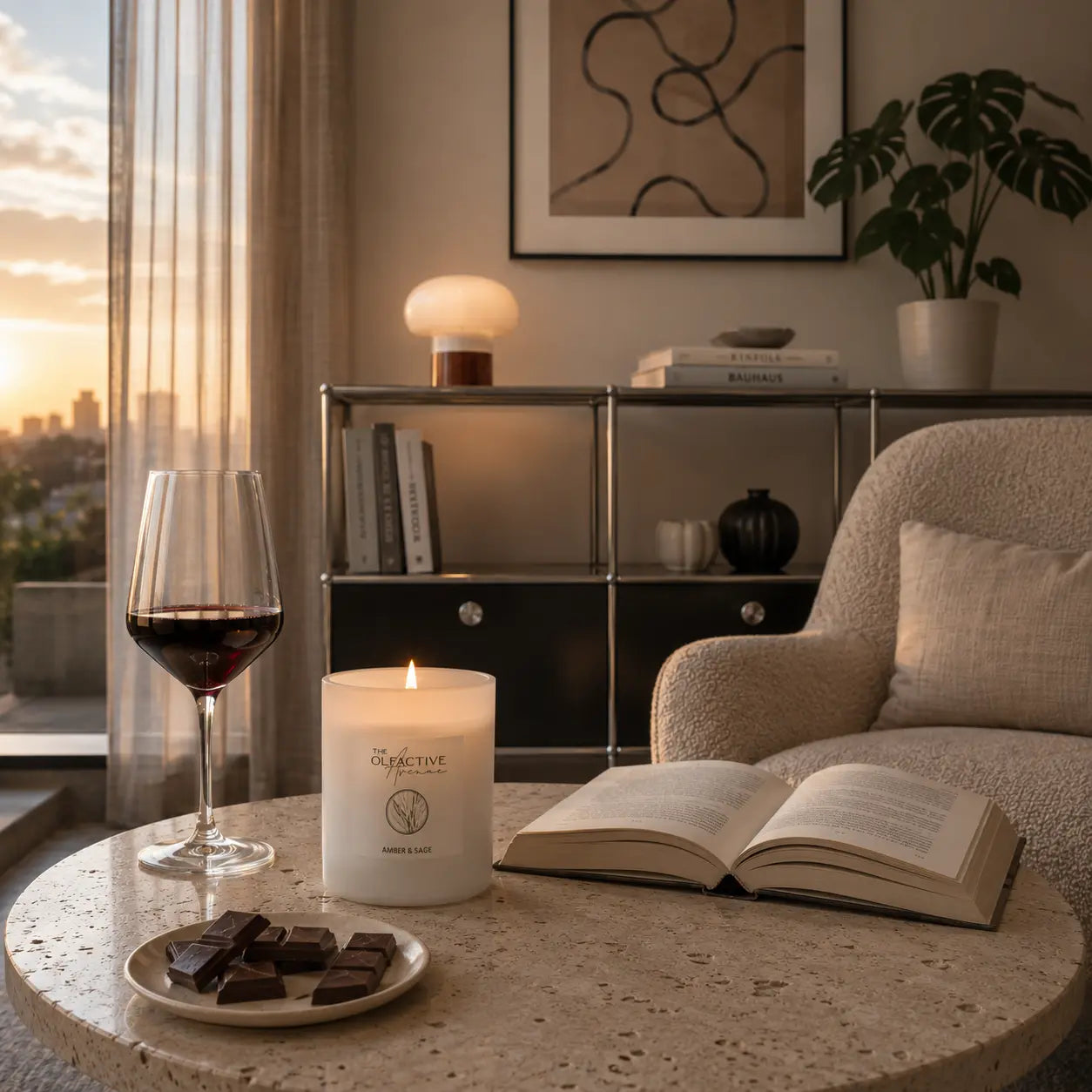 Duftkerze Amber & Sage von The Olfactive Avenue — Abendstimmung mit Buch, Wein und Kerzenlicht