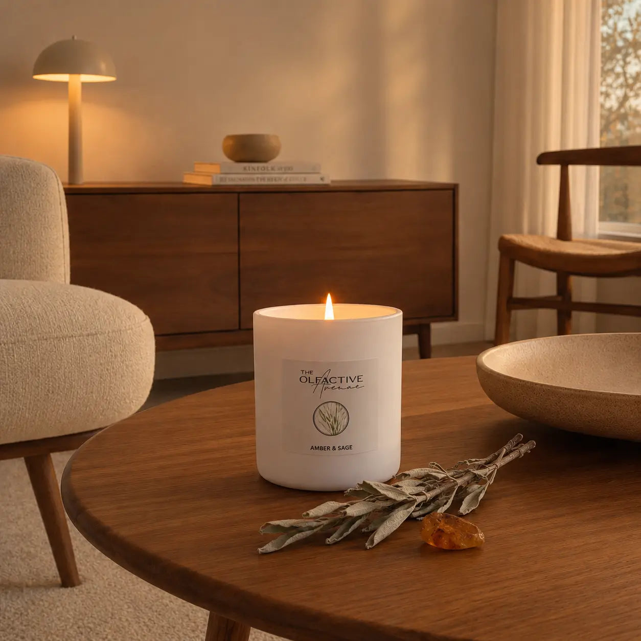 Duftkerze Amber & Sage von The Olfactive Avenue — brennend auf Holztisch im Wohnzimmer