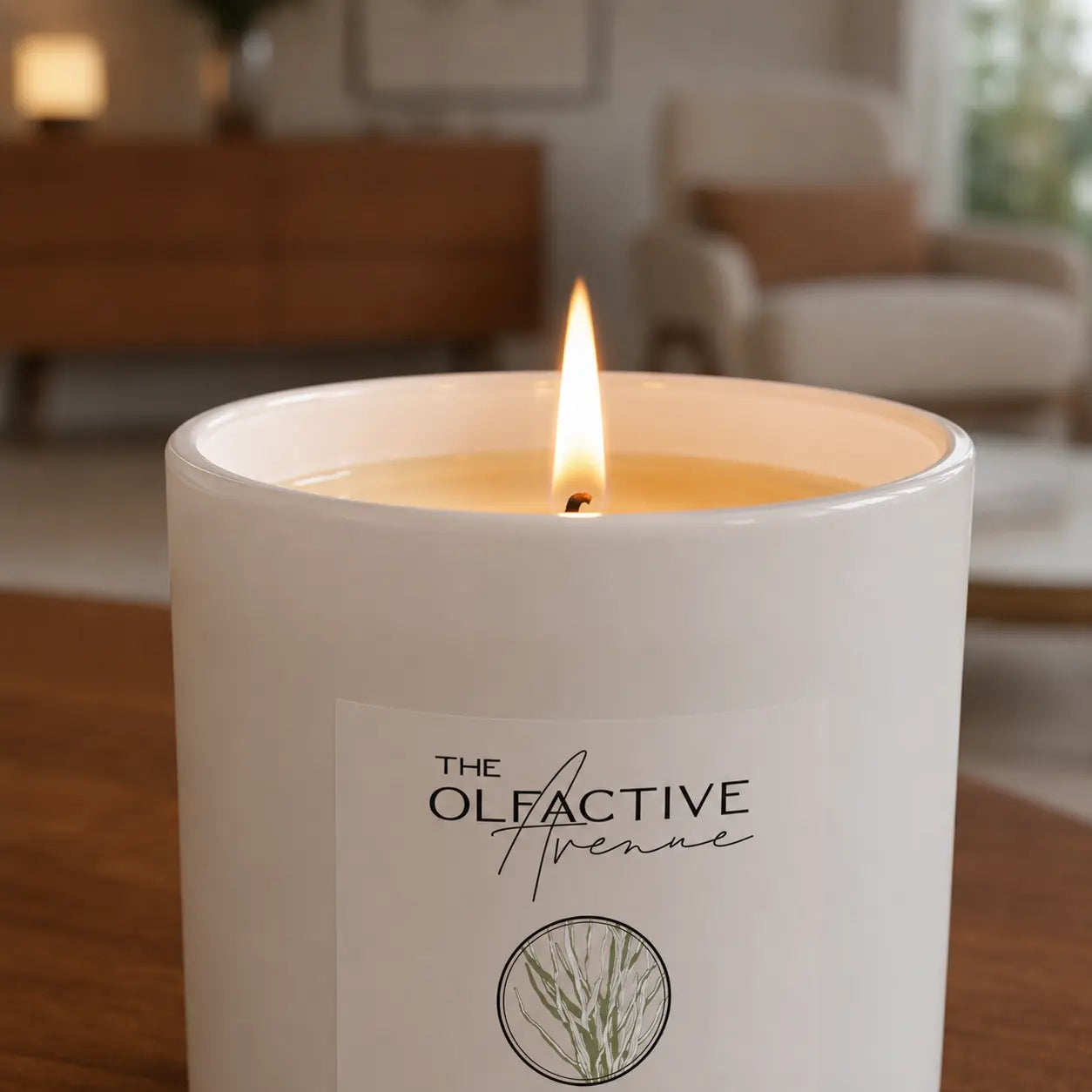 Duftkerze Amber & Sage von The Olfactive Avenue — Detailaufnahme der Flamme im Wohnambiente