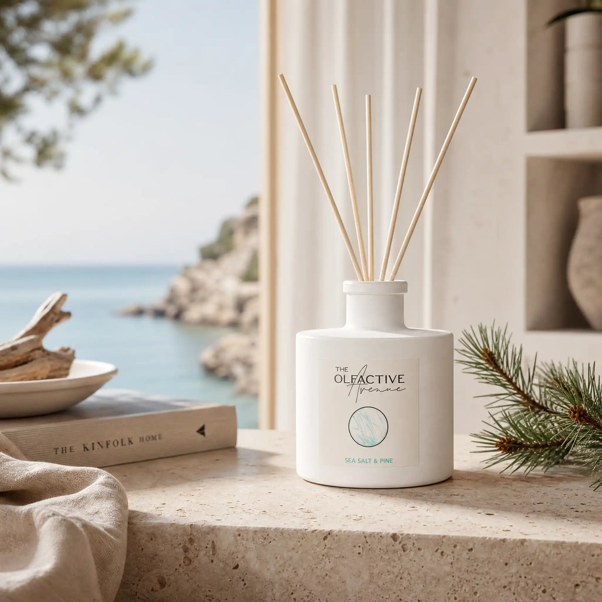 Sea Salt & Pine Duftstäbchen von The Olfactive Avenue vor einem Fenster mit Meerblick, Pinienzweig und Treibholz.