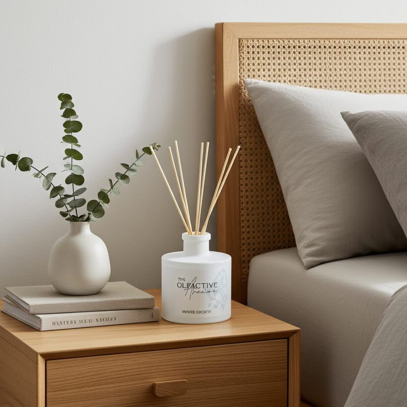 Winter Society Raumduft-Diffuser von The Olfactive Avenue auf Eichen-Nachttisch im skandinavischen Schlafzimmer, dezente Winternote