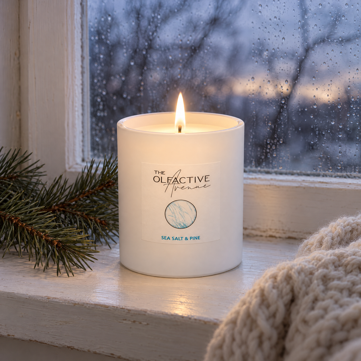 Duftkerze Sea Salt & Pine von The Olfactive Avenue brennt auf einer Fensterbank, draußen Herbstregen