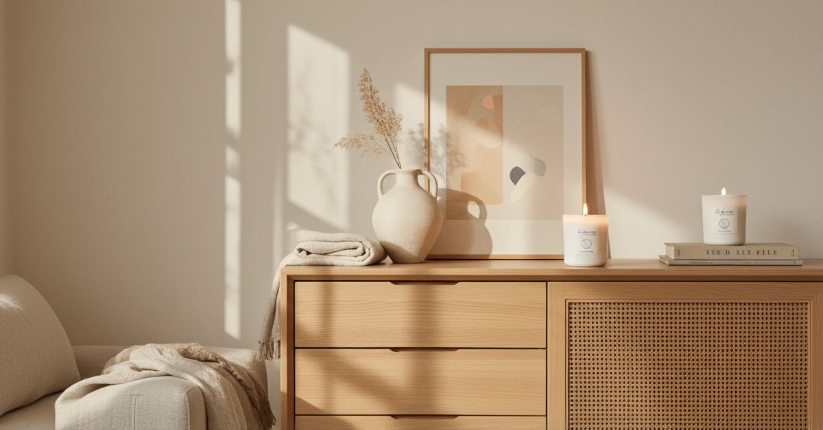 Skandinavisches Wohnzimmer: The Olfactive Avenue Duftkerze Sea Salt & Pine auf Holz-Sideboard, warmes Abendlicht, minimalistisch.
