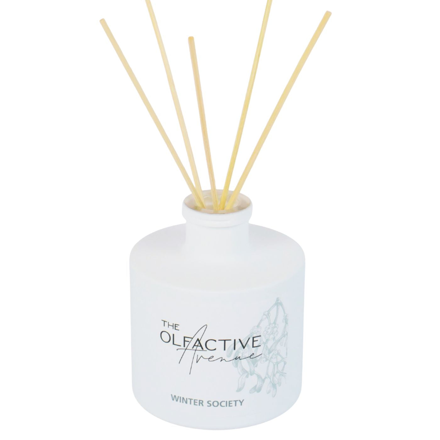 Winter Society Raumduft Diffuser von The Olfactive Avenue – weisser Glasflakon mit Rattan-Stäbchen