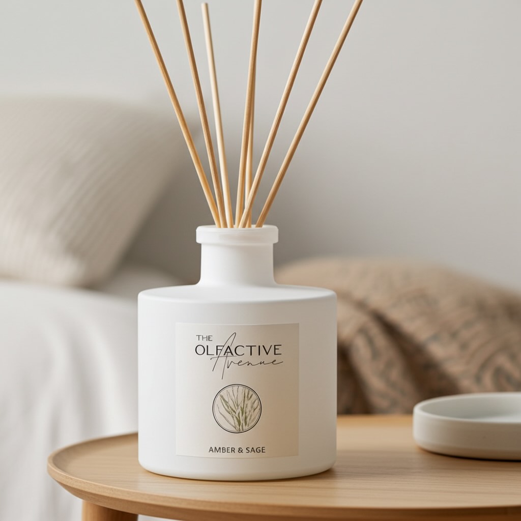 Minimalistischer Raumduft-Diffuser in mattem Weiß von The Olfactive Avenue („Amber & Sage“) mit Rattanstäbchen auf rundem Holztisch, Schlafzimmer im Hintergrund.