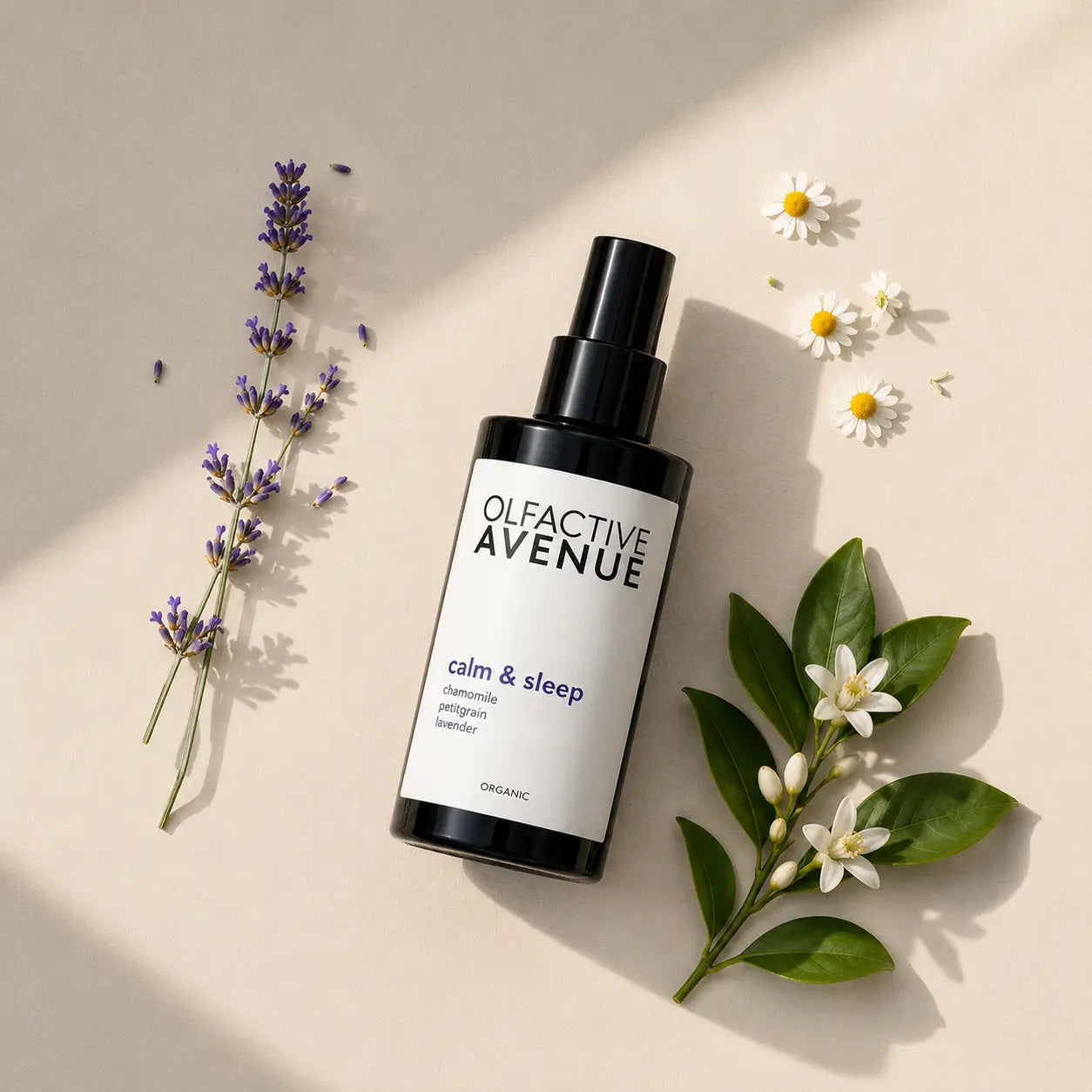 Calm & Sleep Bio-Raumspray von The Olfactive Avenue als Flatlay mit Lavendel, Kamille und weißen Blüten auf hellem Hintergrund.
