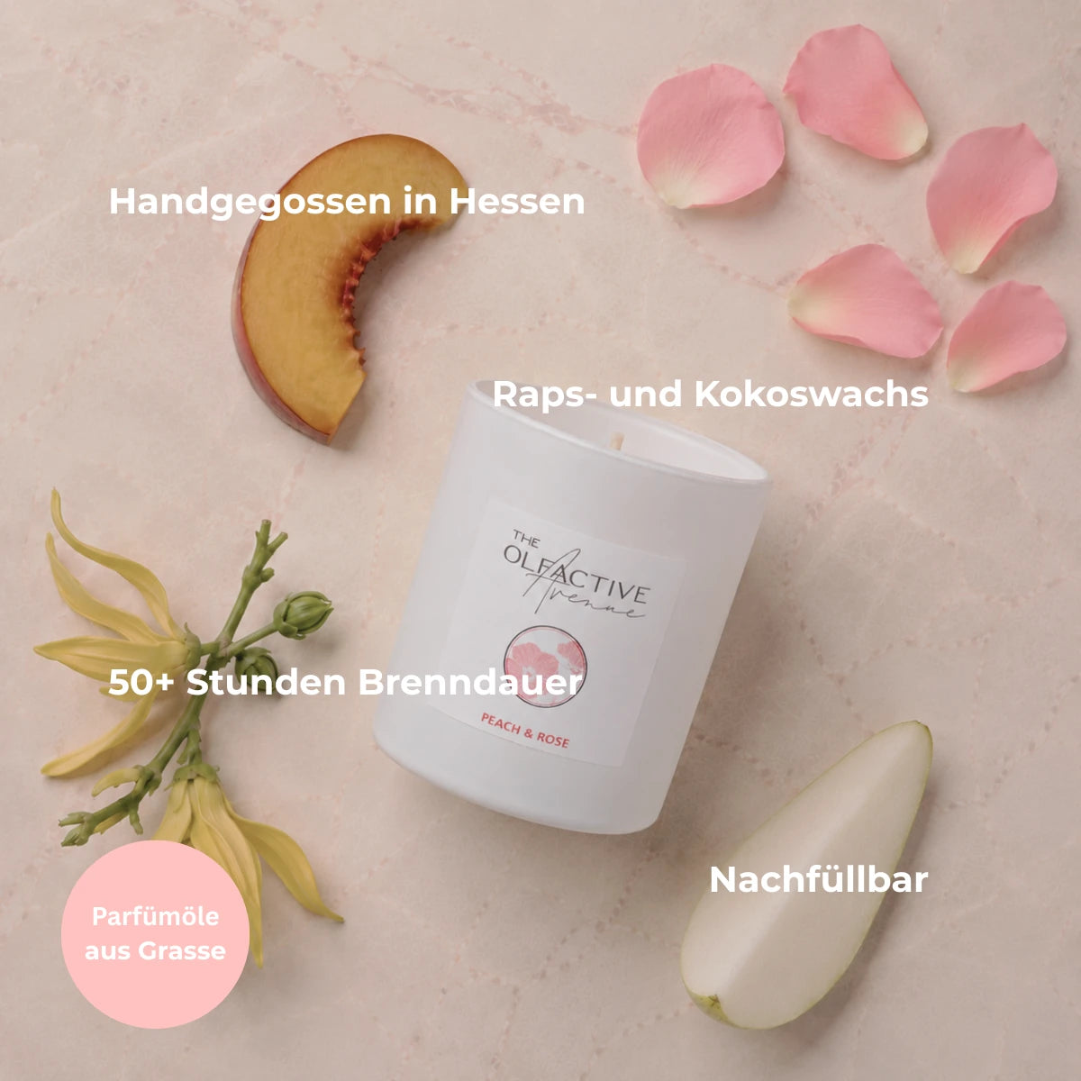 Duftkerze Peach & Rose mit Pfirsich, Rosenblättern und Ylang Ylang – handgegossen in Hessen, 50+ Stunden Brenndauer [KI]