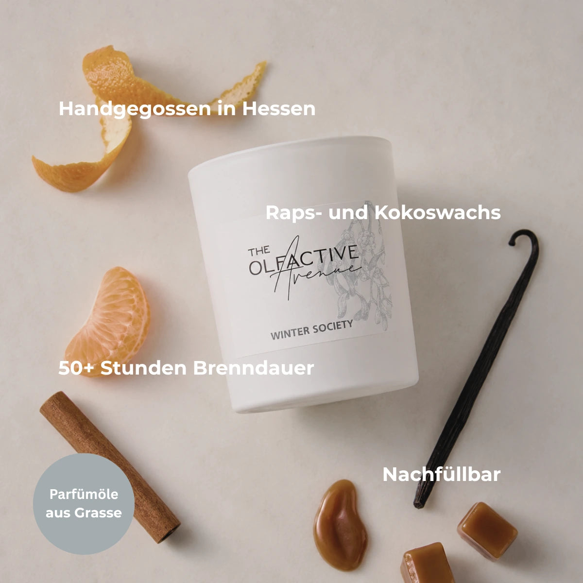 Winter-Duftkerze Winter Society – Orange, Zimt, Apfel, Tonkabohne & Karamell