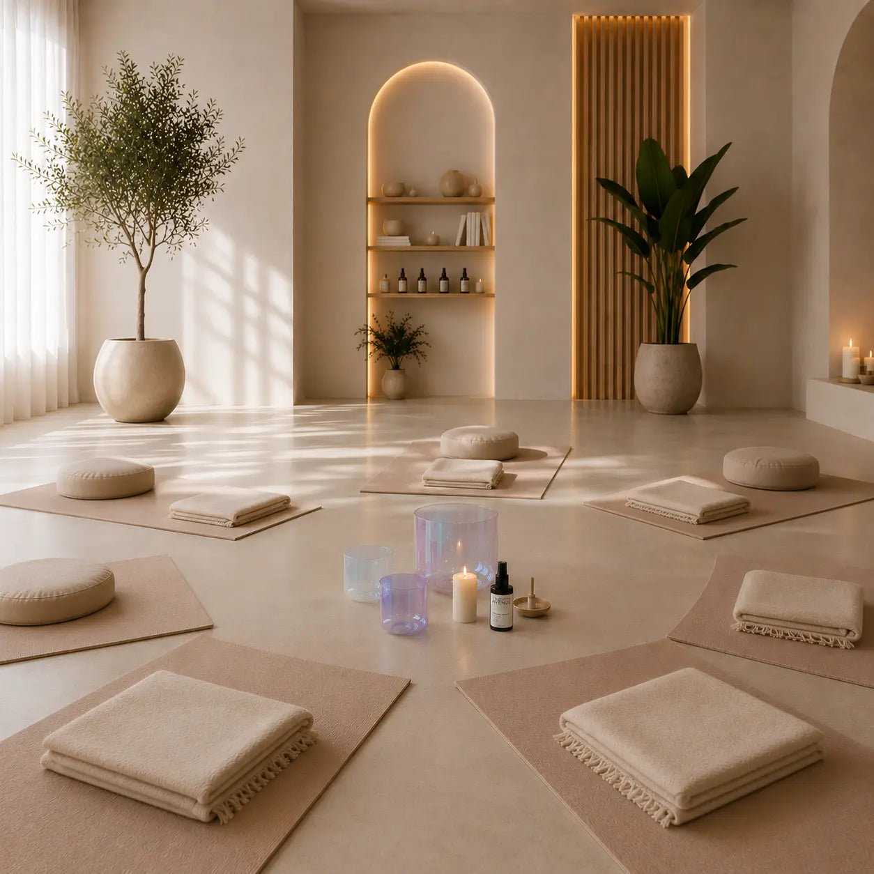 Elysian Retreat Bio-Raumspray von The Olfactive Avenue in einem ruhigen Yogastudio mit Matten, Kerze und moderner Wellness-Atmosphäre. [KI]