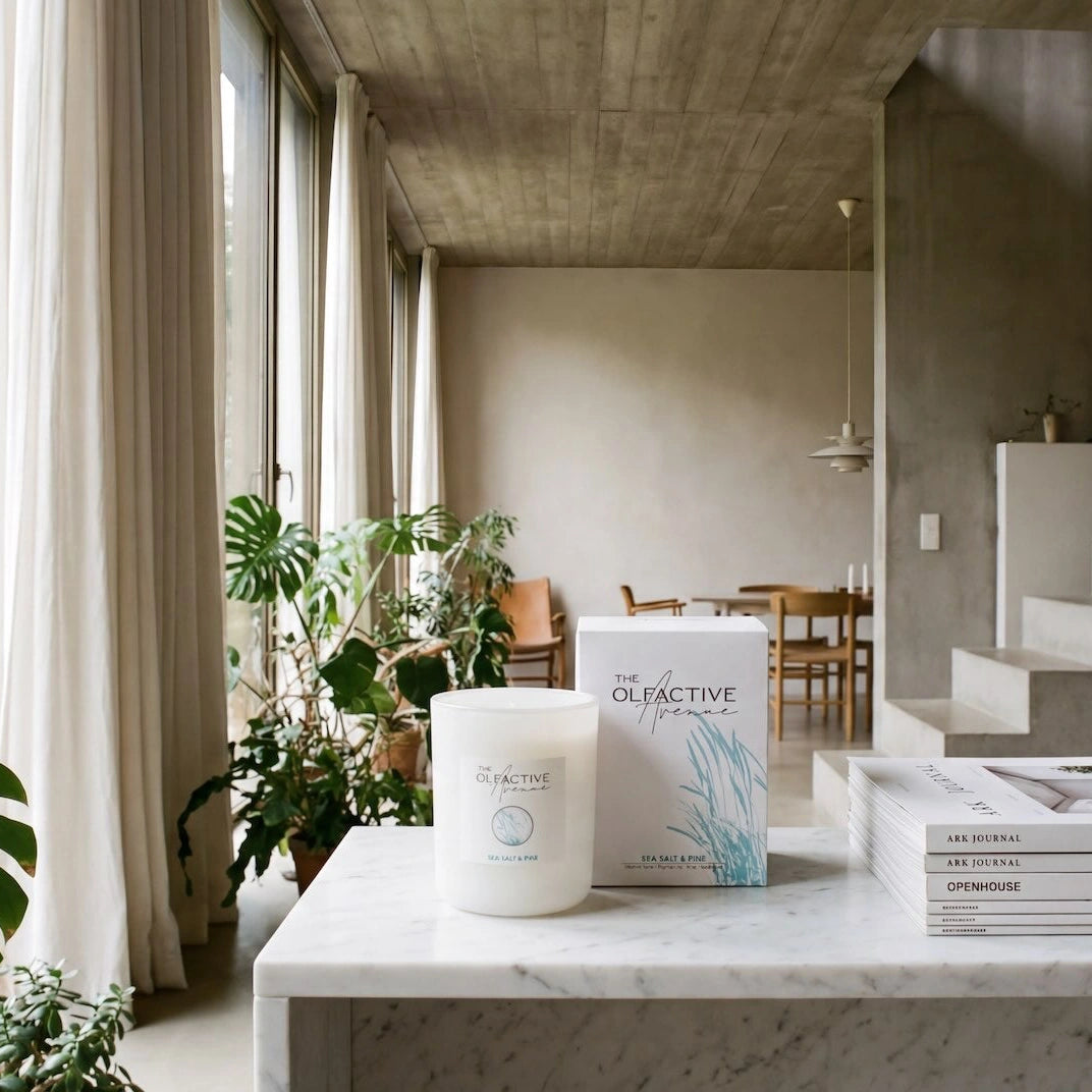 Sea Salt & Pine Luxus Duftkerze mit Designverpackung auf einem Marmortisch in einem Wohnzimmer im skandinavischen Design