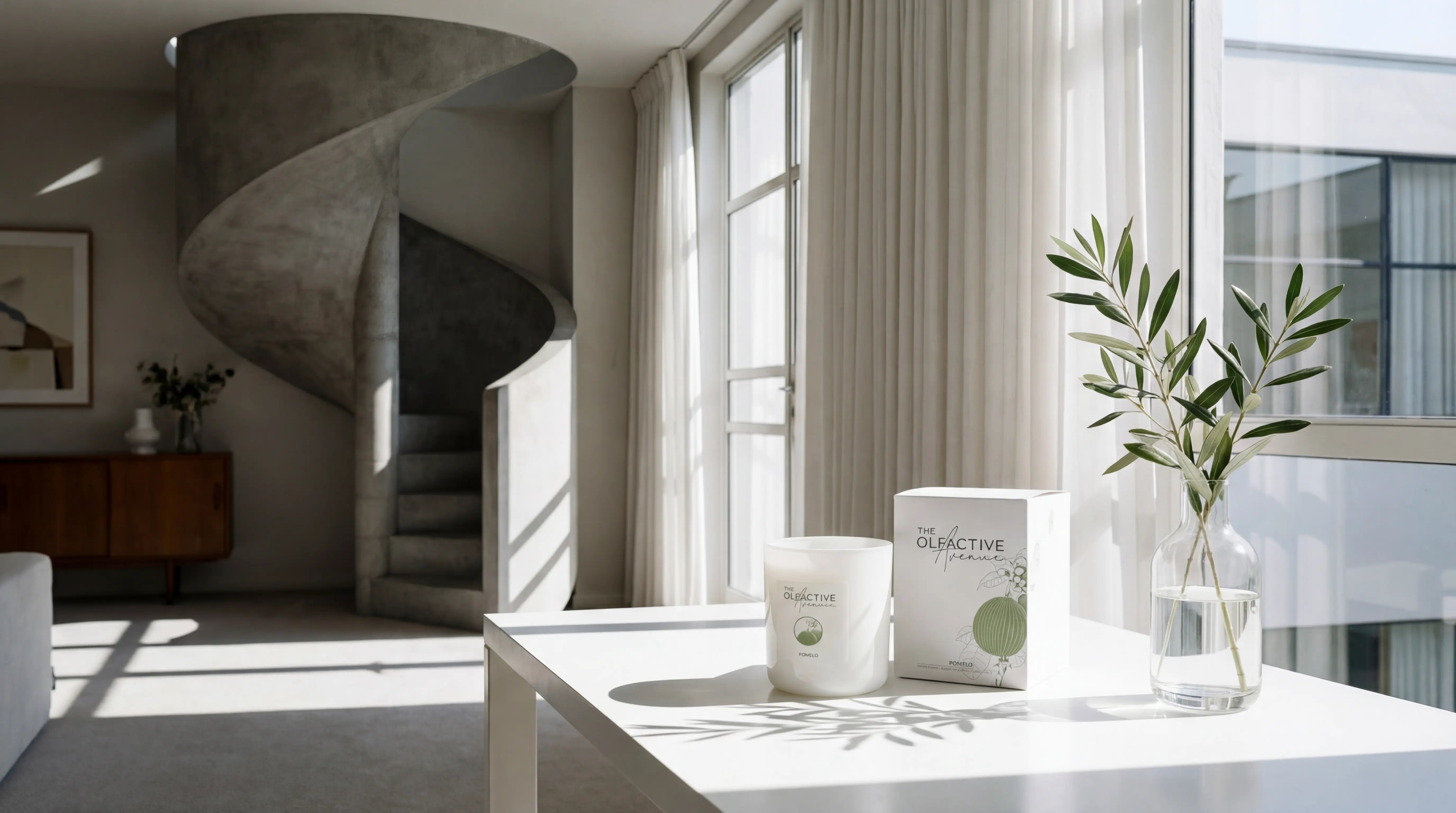 Minimalistische weiße Duftkerze von The Olfactive Avenue aus pflanzlichem Raps- und Kokoswachs in einem matten Glas, hochwertig arrangiert auf einem Marmortisch neben einer Monstera-Pflanze.