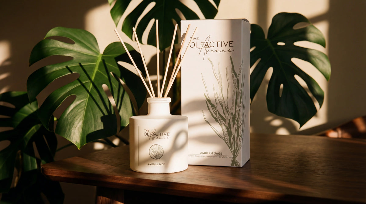 Exklusiver Amber & Sage Raumduft-Diffuser von The Olfactive Avenue mit passender Design-Verpackung auf einem dunklen Holztisch, umrahmt von Monstera-Blättern im warmen, goldenen Abendlicht.