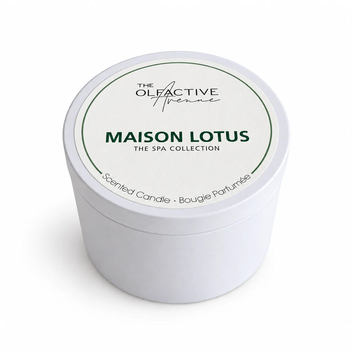 Maison Lotus Duftkerze 200 g von The Olfactive Avenue – weiße Dose mit Deckel, The Spa Collection