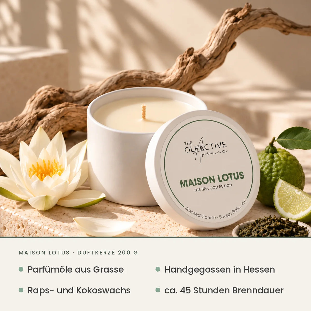Maison Lotus Duftkerze 200 g von The Olfactive Avenue – Parfümöle aus Grasse, handgegossen in Hessen, Raps- und Kokoswachs, ca. 45 Stunden Brenndauer [KI]