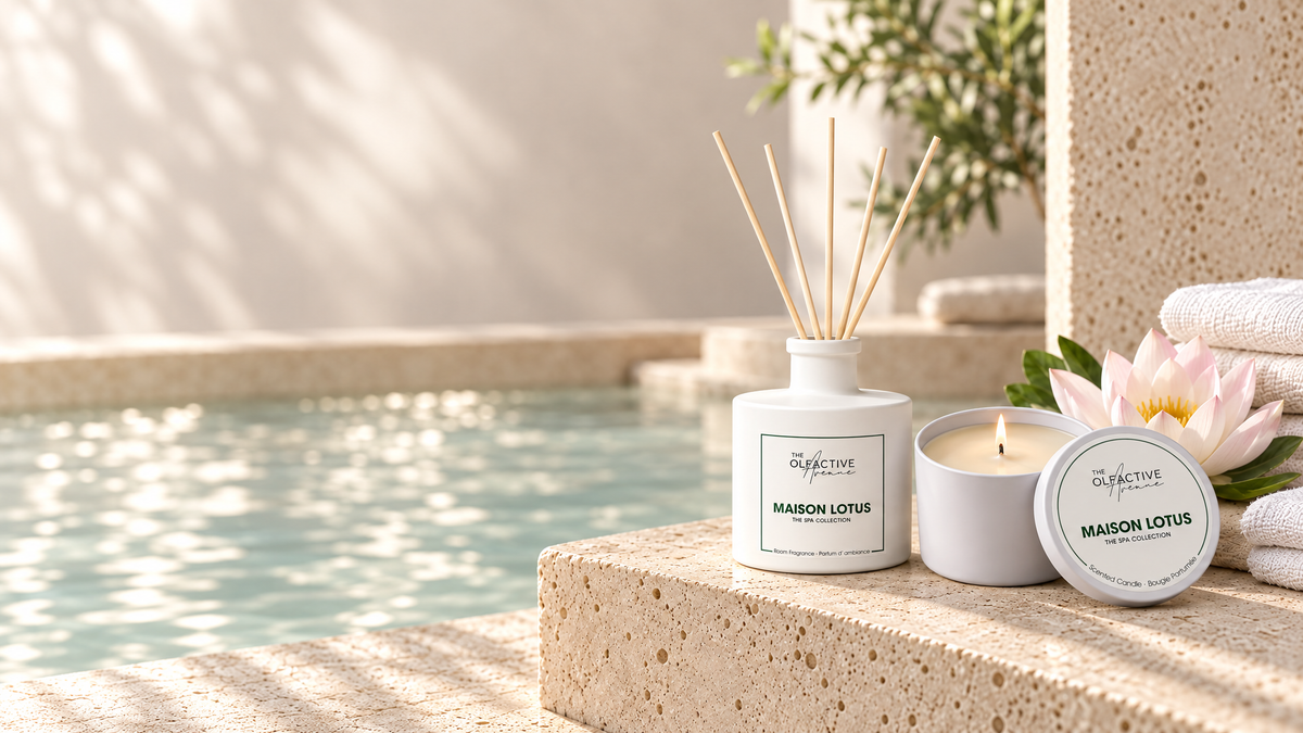 Maison Lotus Raumduft mit Rattanstäbchen und brennende Maison Lotus Duftkerze am Spa-Pool – The Spa Collection von The Olfactive Avenue