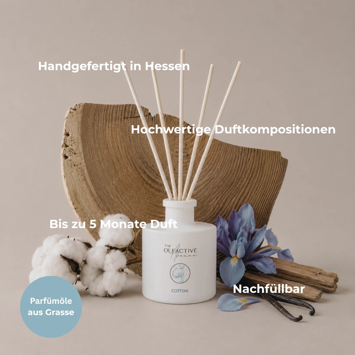 Raumduft Cotton mit 5 Rattan-Sticks, Baumwollblüte, Iris und Vanille – handgefertigt in Hessen, bis zu 5 Monate Duft [KI]