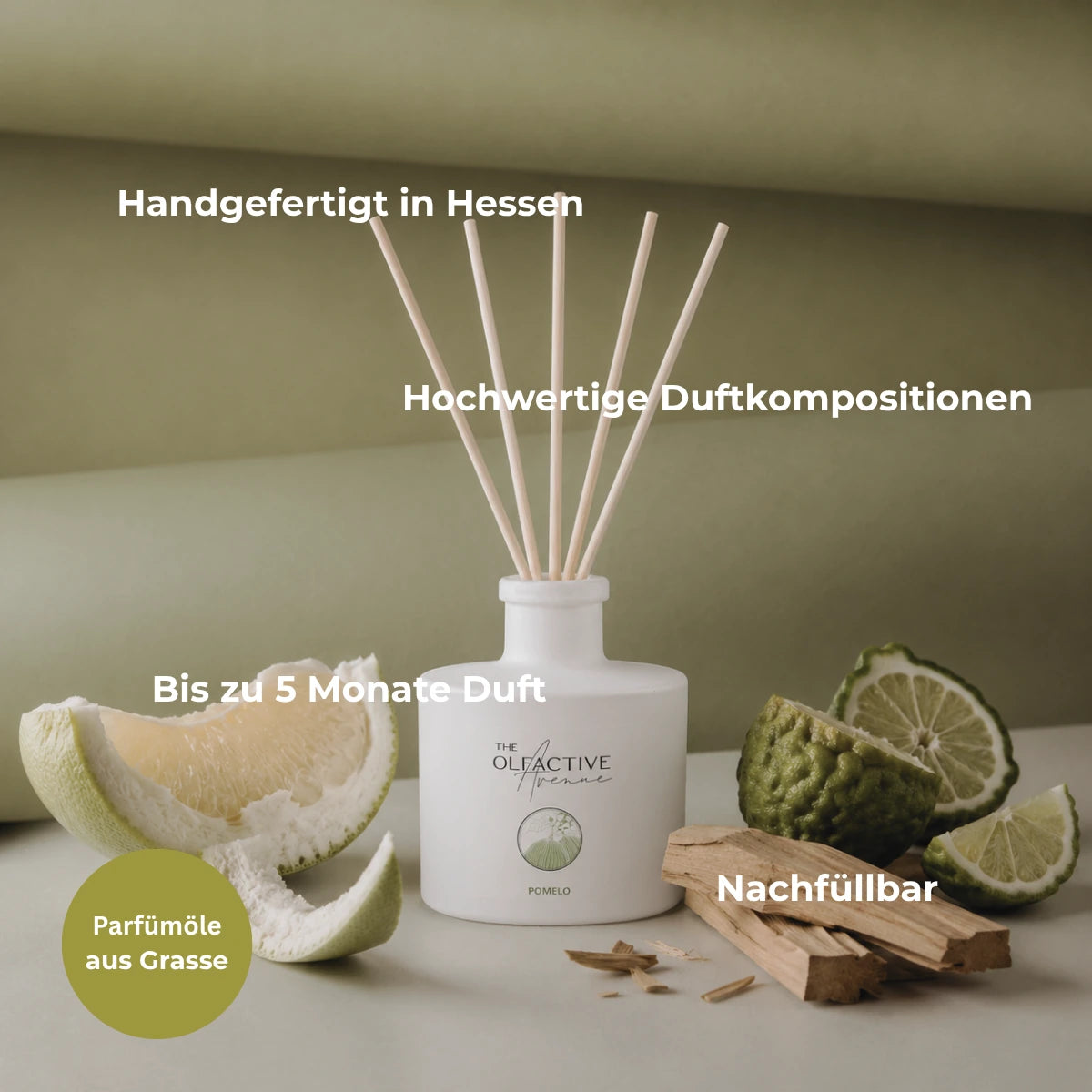 Raumduft Pomelo mit 5 Rattan-Sticks, Pomelo, Bergamotte und Sandelholz – handgefertigt in Hessen, nachfüllbar [KI]