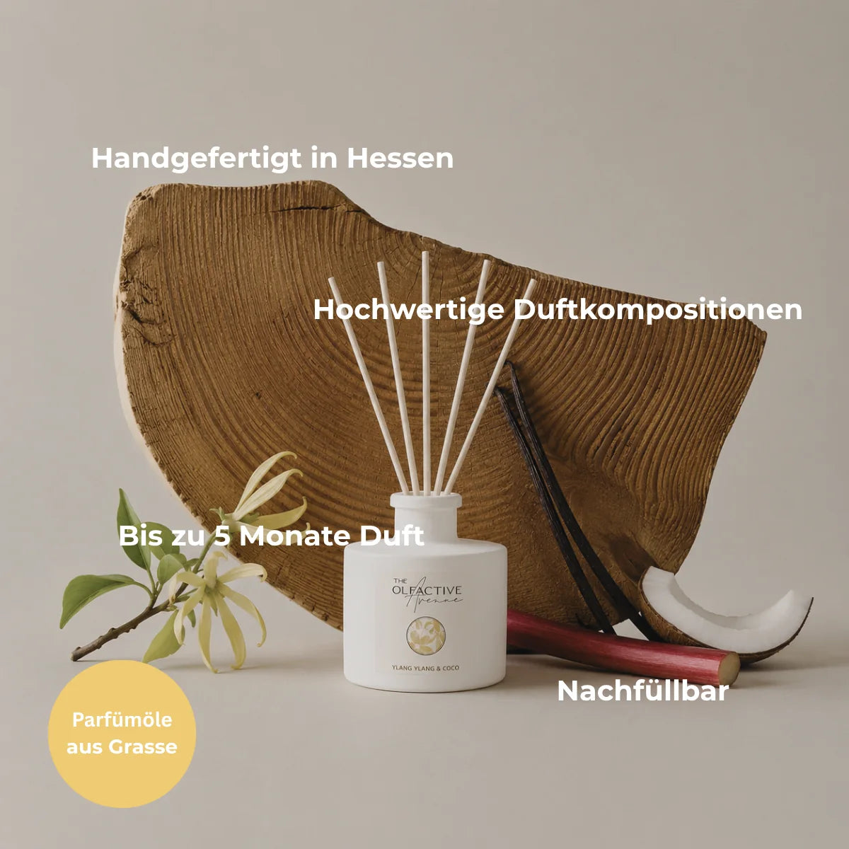 Raumduft Ylang Ylang & Coco mit 5 Rattan-Sticks, Kokosnuss und Vanille – handgefertigt in Hessen, bis zu 5 Monate Duft [KI]