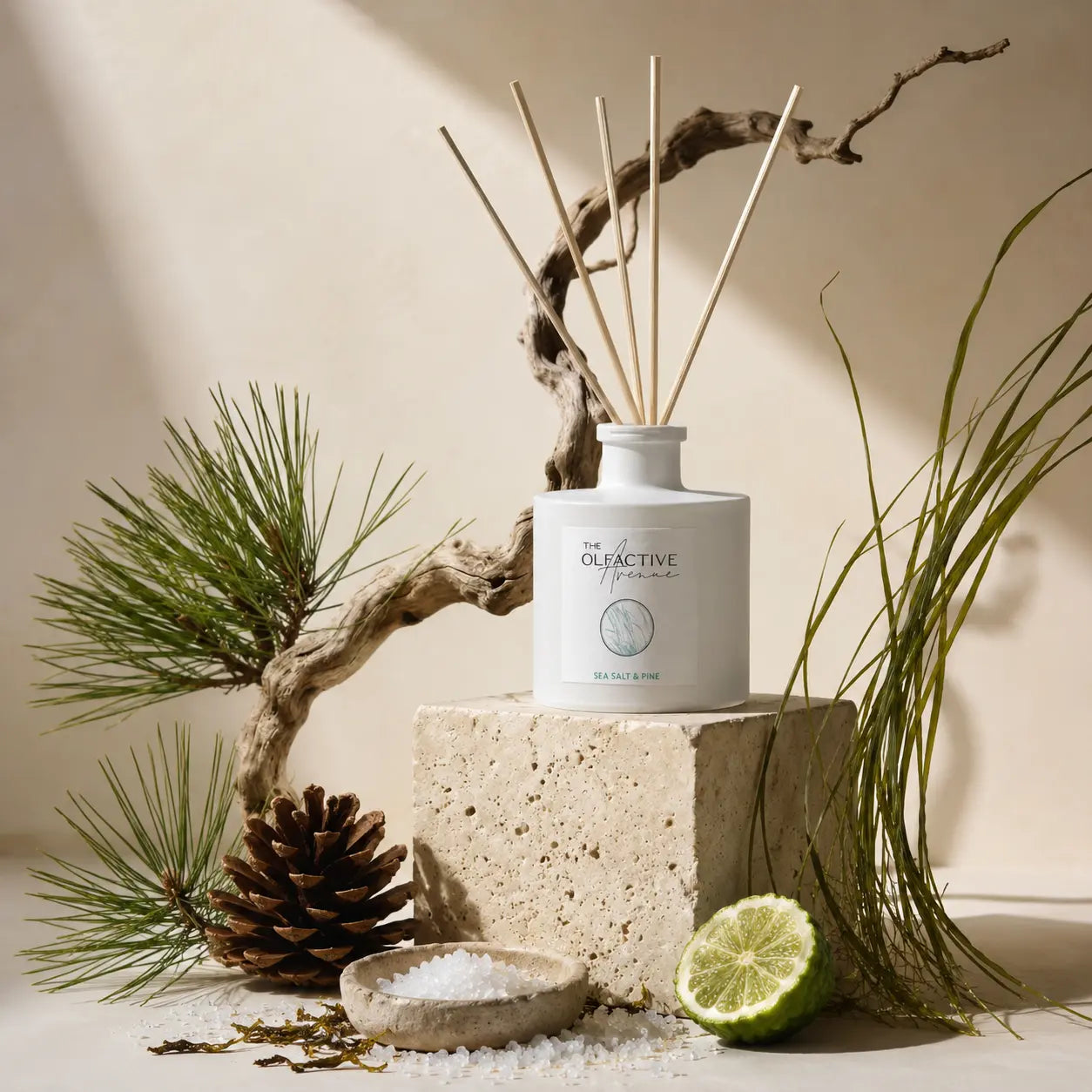 Sea Salt & Pine Raumduft Diffuser von The Olfactive Avenue mit Kiefer, Meersalz, Limette und Treibholz im hellen Interior-Ambiente.