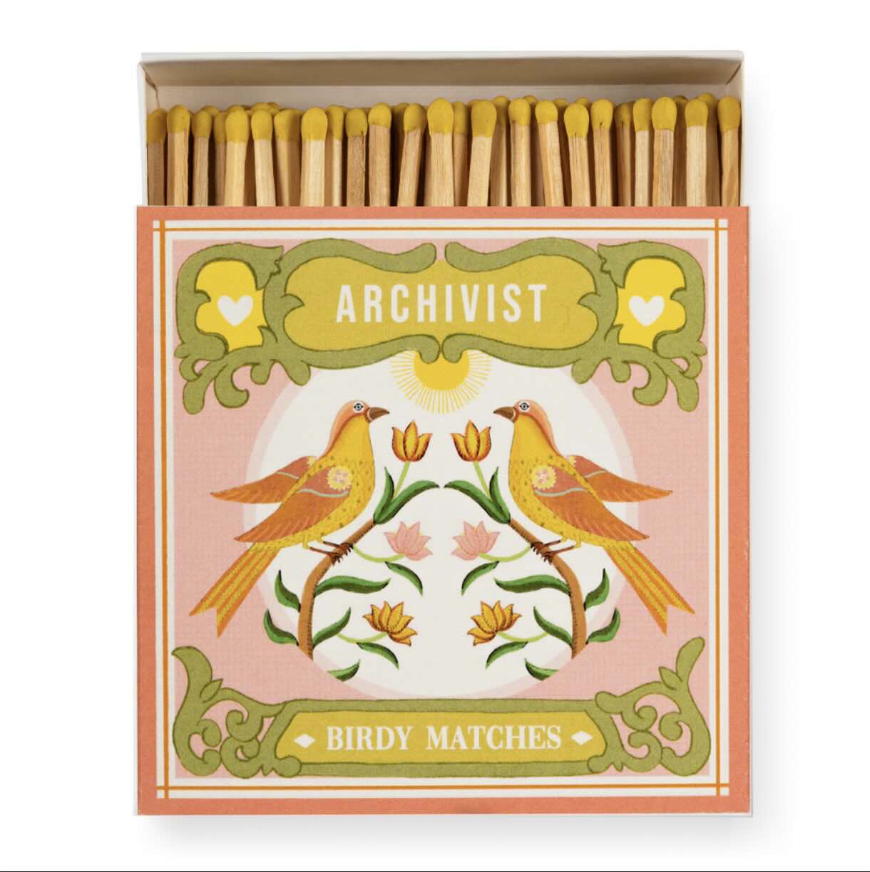 Quadratische Matchbox ‚Arianes Birdy Matches‘ in Rosé mit Vogel-Illustration, 125 lange Streichhölzer.