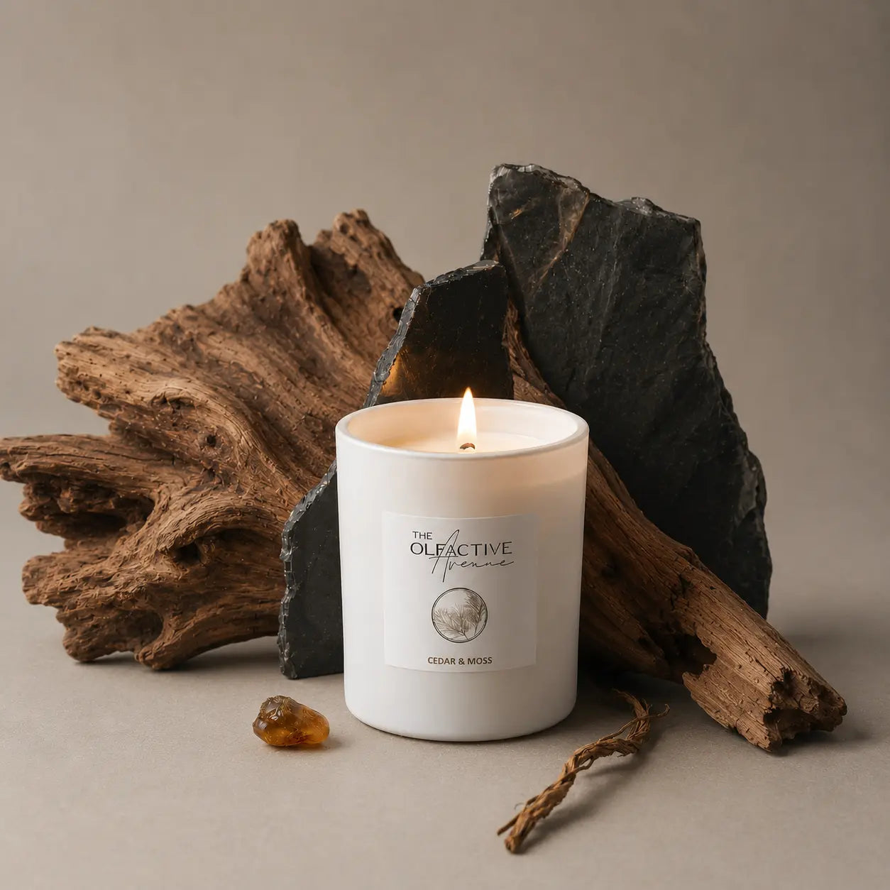 Duftkerze Cedar & Moss von The Olfactive Avenue — handgegossen in Hessen mit Duft aus Grasse