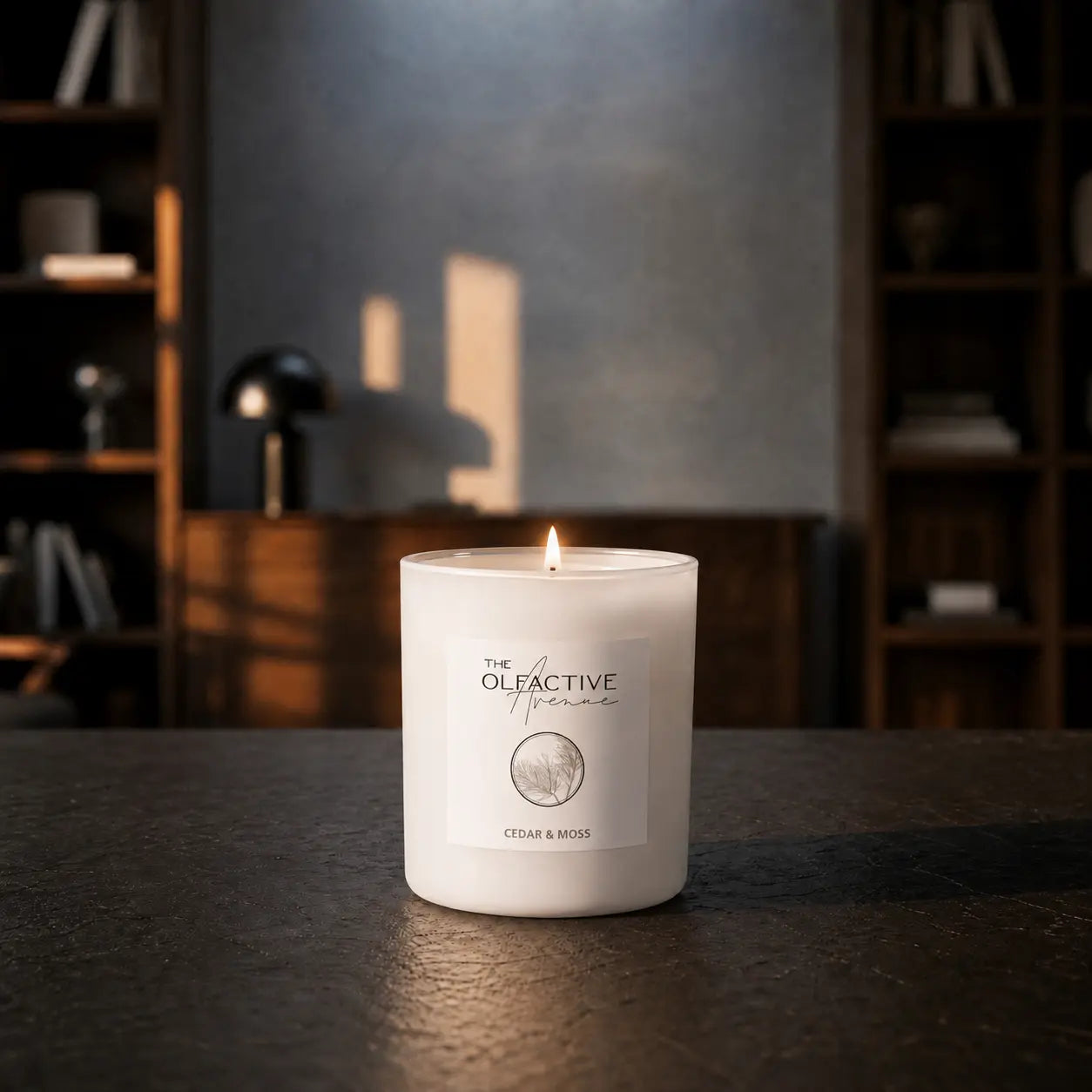 Duftkerze Cedar & Moss von The Olfactive Avenue — brennend im dunklen Wohnambiente