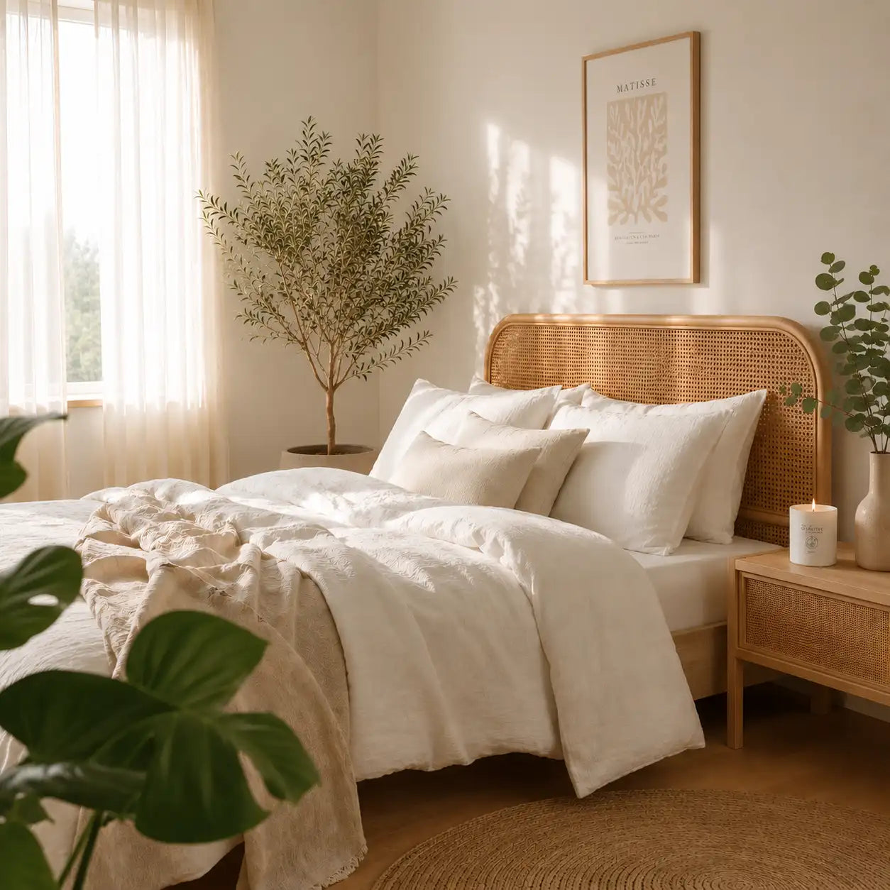 Duftkerze Cotton von The Olfactive Avenue — brennend im hellen Schlafzimmer mit weicher Bettwäsche