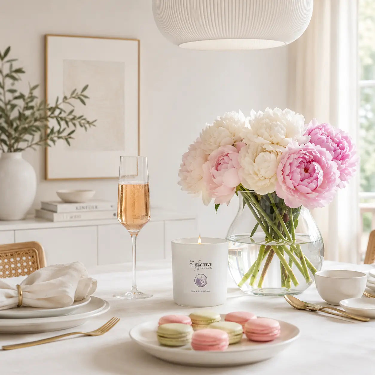 Duftkerze Lily & Rose de Mai von The Olfactive Avenue — auf hellem Esstisch mit Blumen