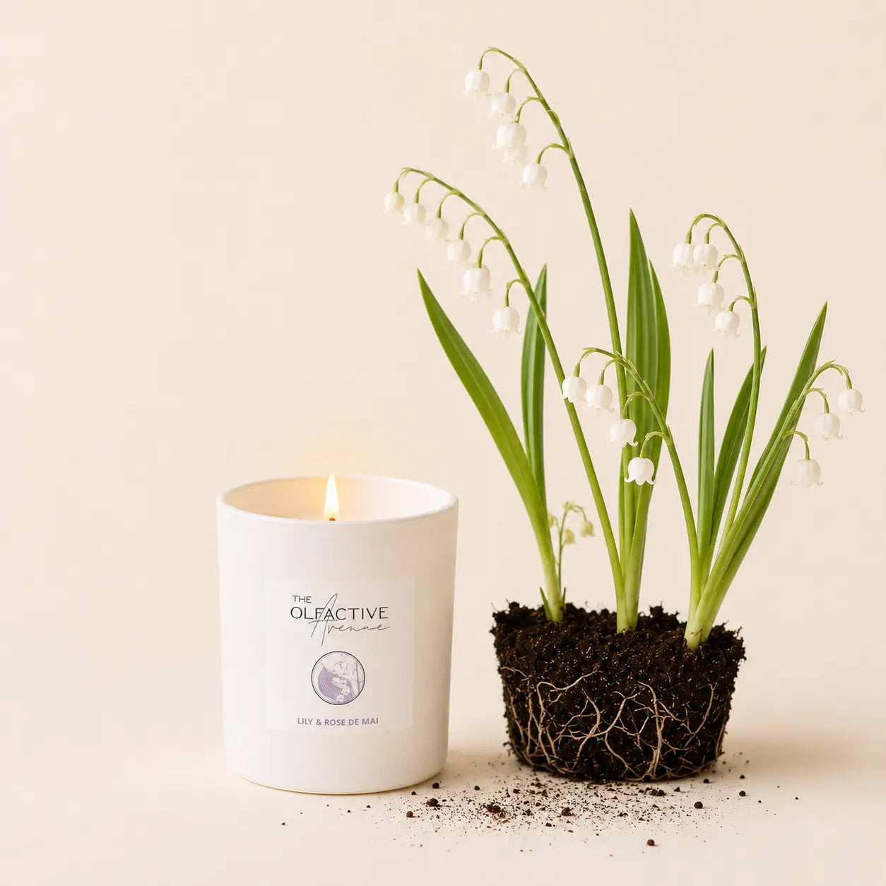 Duftkerze Lily & Rose de Mai von The Olfactive Avenue — mit Maiglöckchen und Erde arrangiert