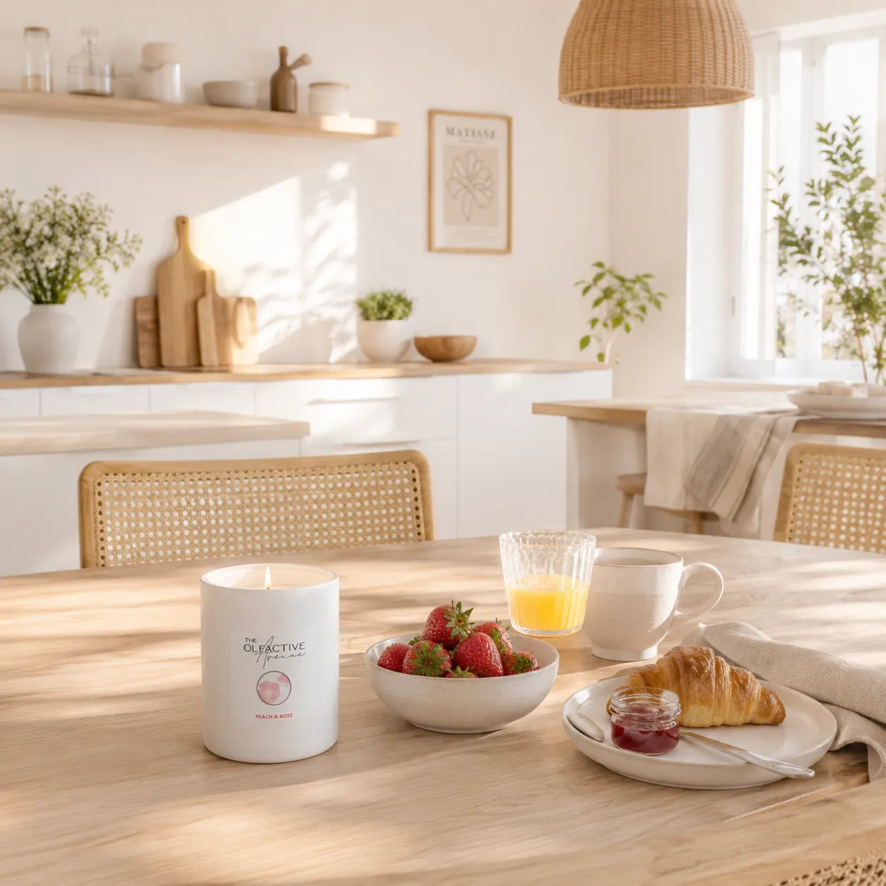 Duftkerze Peach & Rose von The Olfactive Avenue — brennend auf hellem Küchentisch