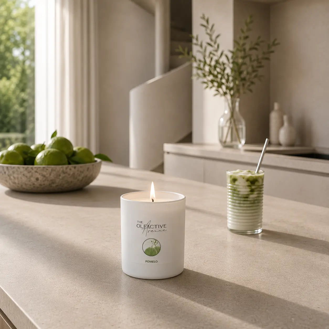 Duftkerze Pomelo von The Olfactive Avenue — brennend in heller Küche mit Zitrusakzenten