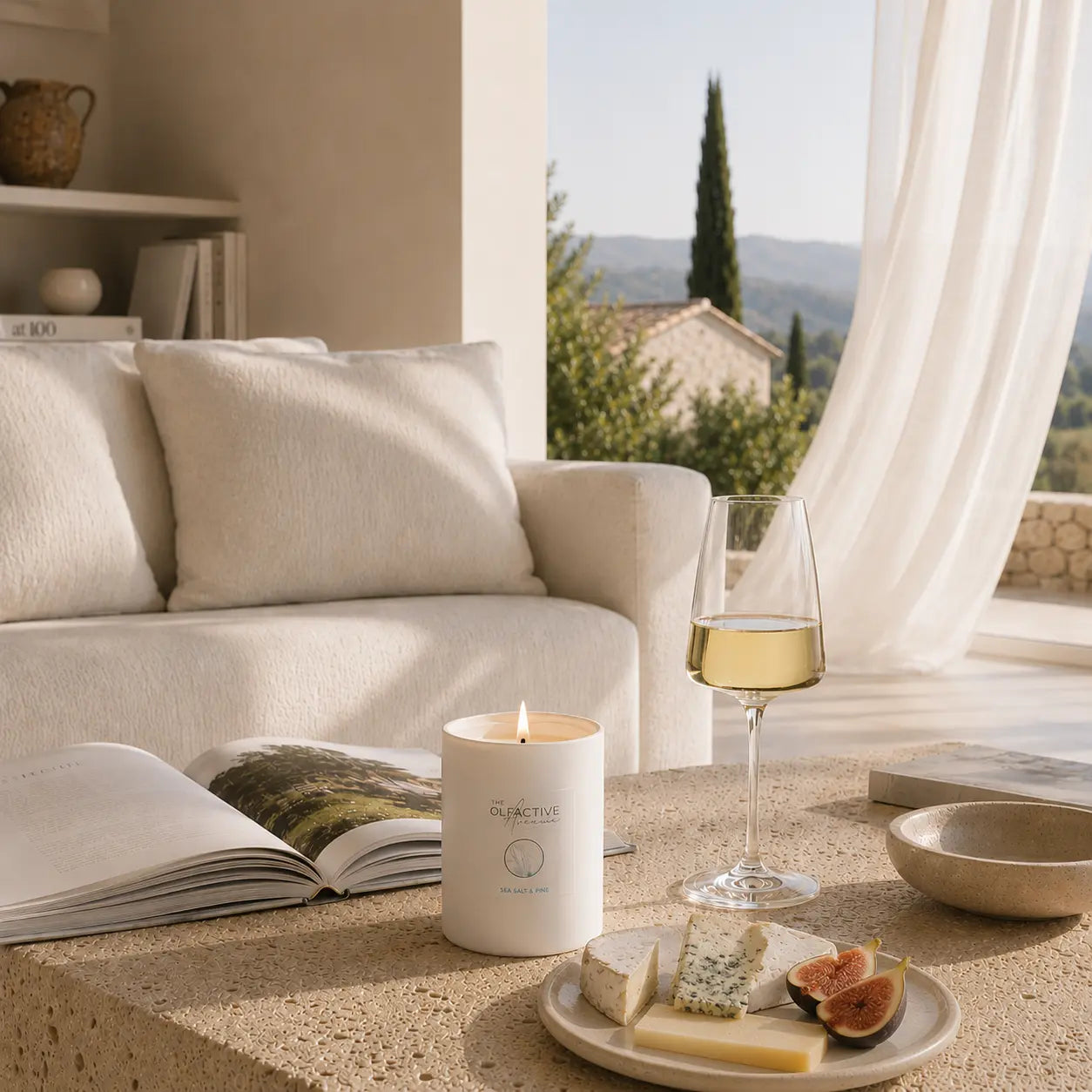 Duftkerze Sea Salt & Pine von The Olfactive Avenue — mit Wein, Käse und mediterranem Ambiente