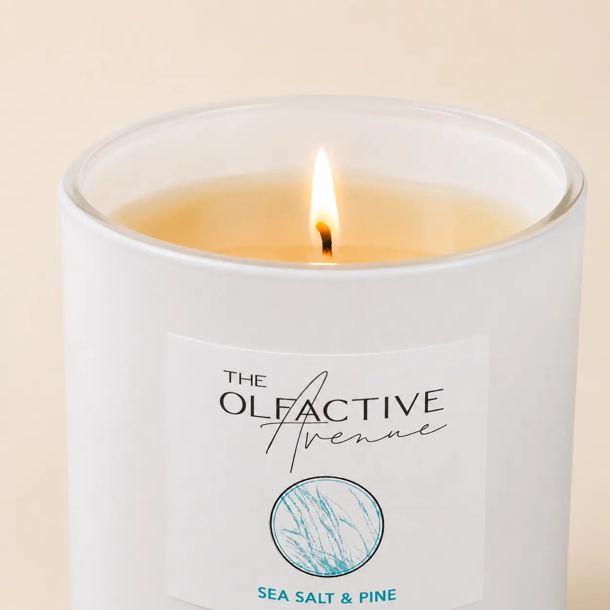 Duftkerze Sea Salt & Pine von The Olfactive Avenue — Detail mit Flamme und maritimem Duft aus Grasse