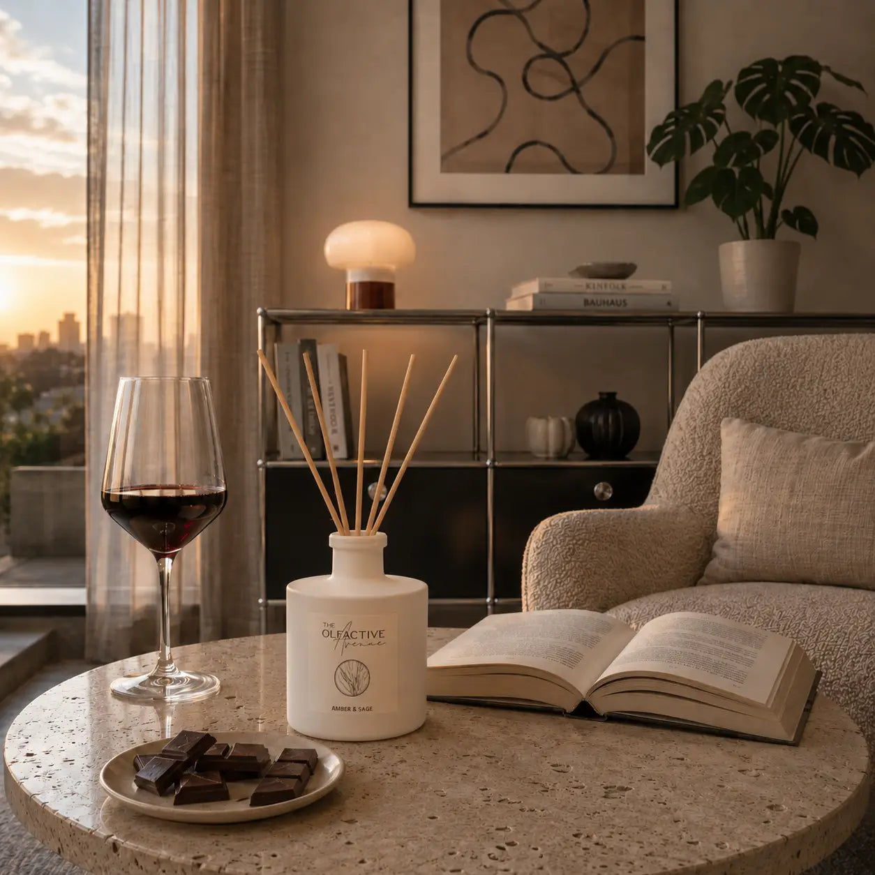 Raumdiffuser Amber & Sage von The Olfactive Avenue — Abendambiente mit Wein, Buch und Schokolade