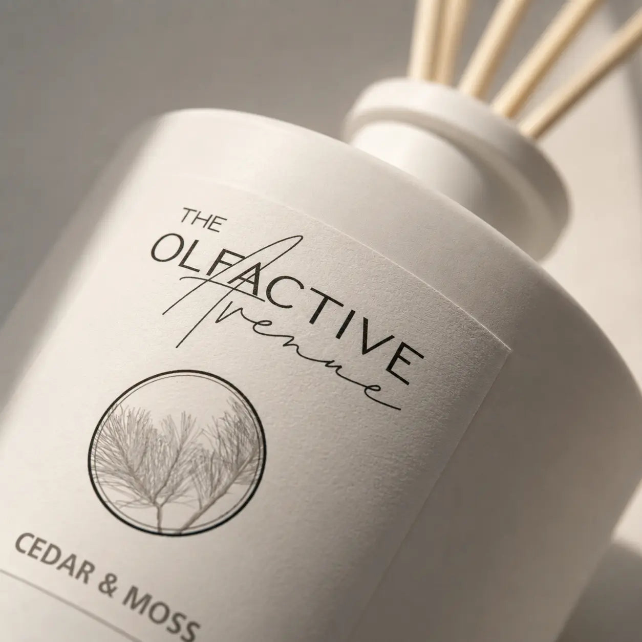 Raumdiffuser Cedar & Moss von The Olfactive Avenue — Nahaufnahme von Label und mattem Glas