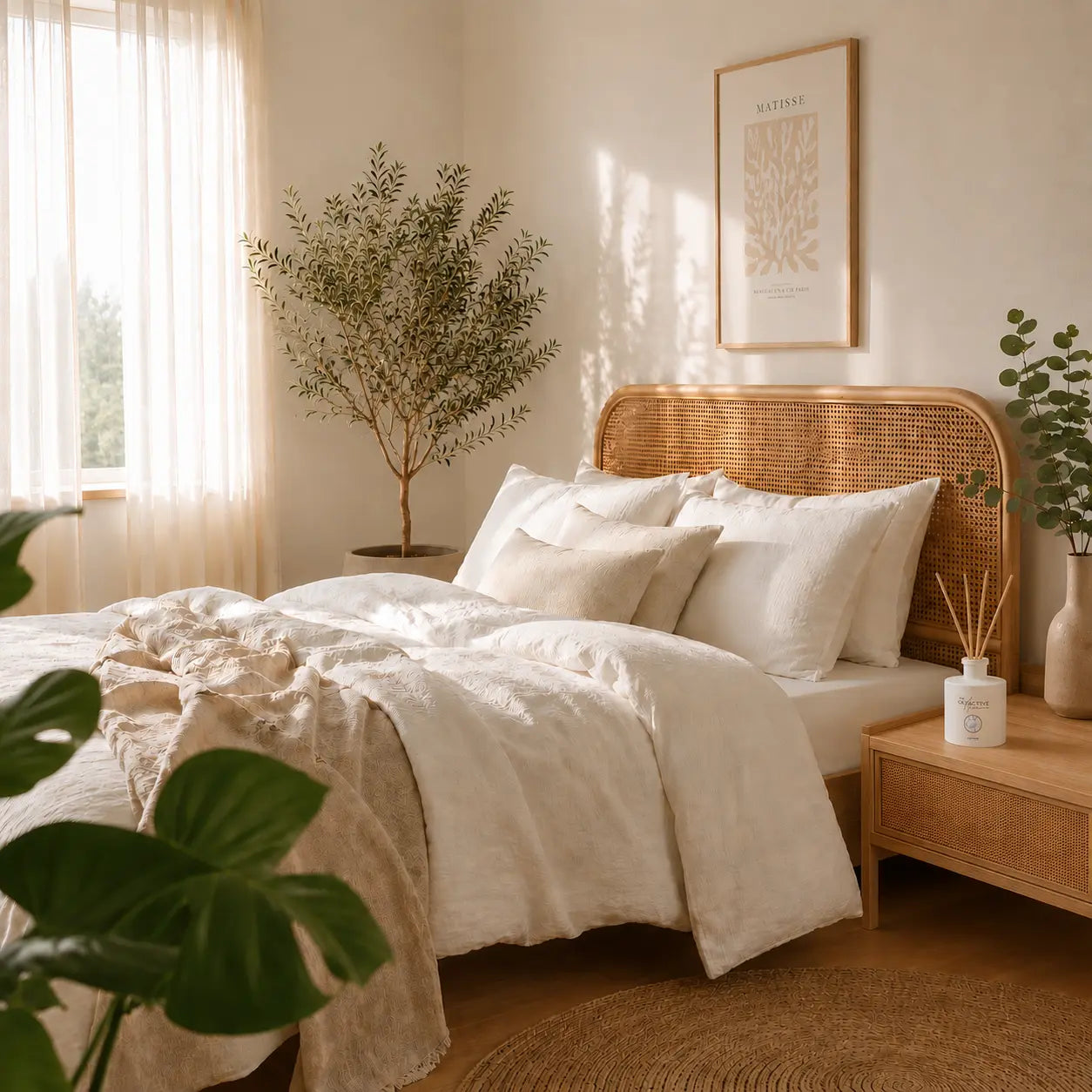Raumdiffuser Cotton von The Olfactive Avenue — auf Nachttisch im hellen Schlafzimmer