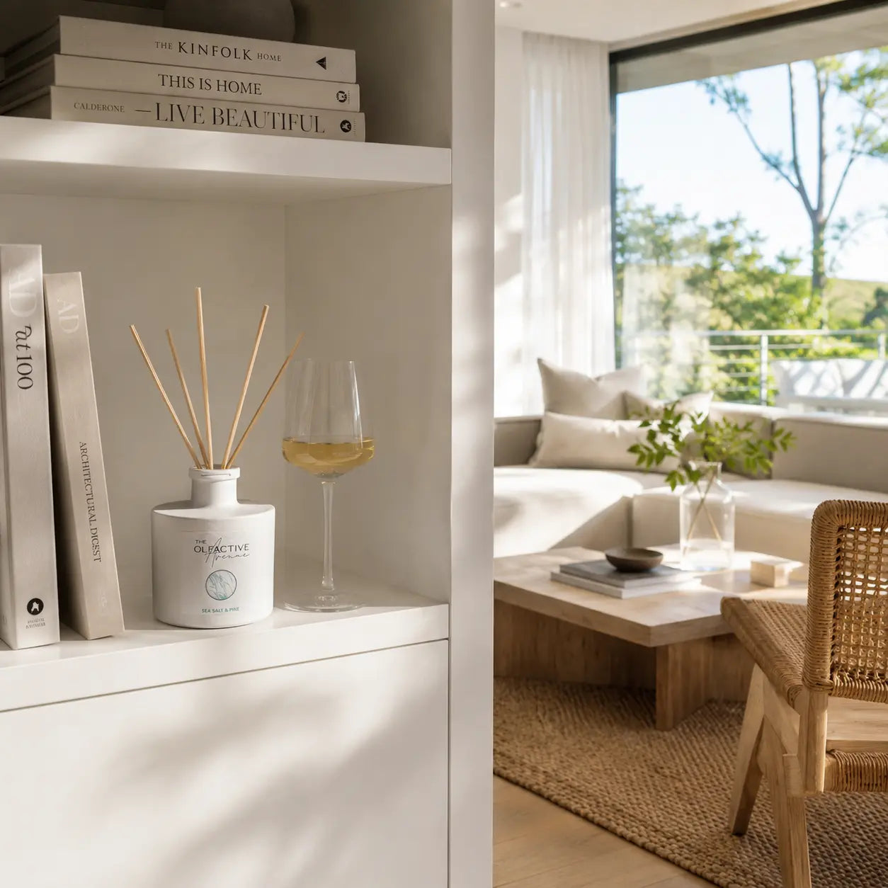 Raumdiffuser Sea Salt & Pine von The Olfactive Avenue im hellen Wohnregal mit Weinglas und modernem Interior