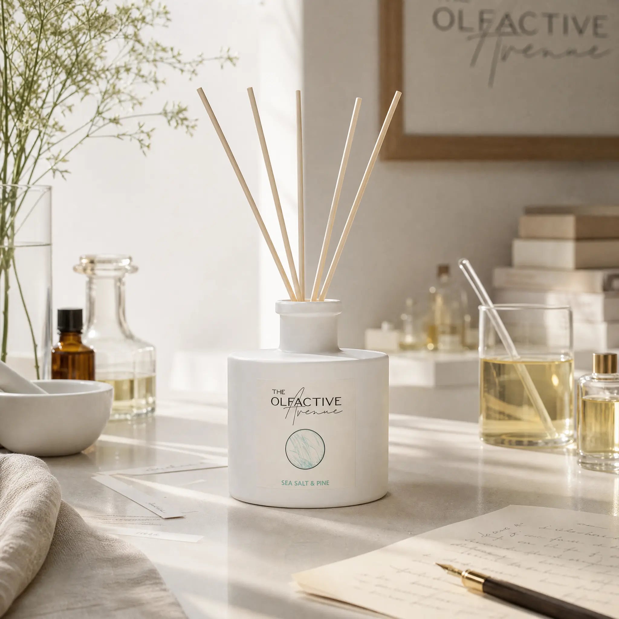 Sea Salt & Pine Raumduft von The Olfactive Avenue in einer hellen Duftmanufaktur mit Glasgefäßen, Notizen und Duftessenzen. [KI]