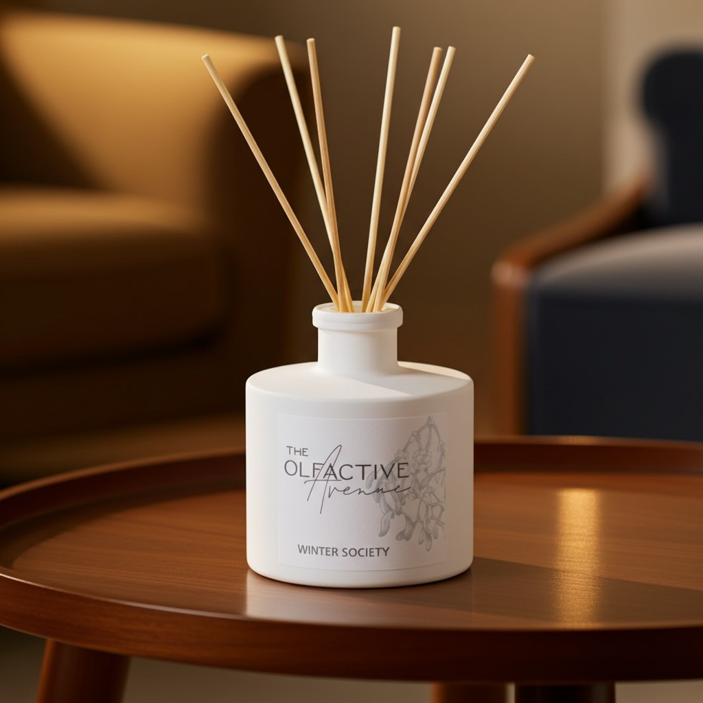 Winter Society Raumduft-Diffuser von The Olfactive Avenue auf Holztisch im warmen Wohnzimmer, eleganter Duft für die Winterzeit