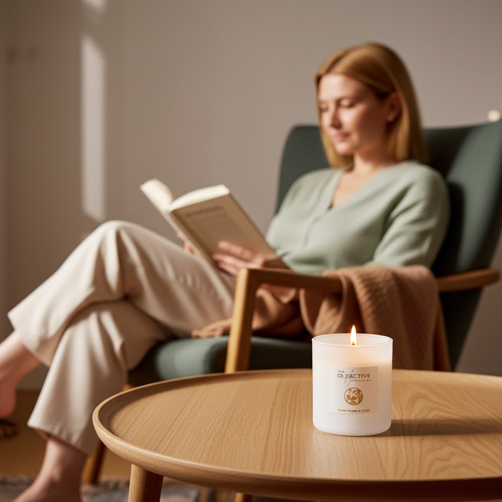 Brennende Duftkerze Ylang Ylang & Coco von The Olfactive Avenue im weiß-matten Glas auf Eichen-Beistelltisch; Frau liest entspannt im skandinavischen Wohnzimmer, Hintergrund weich unscharf