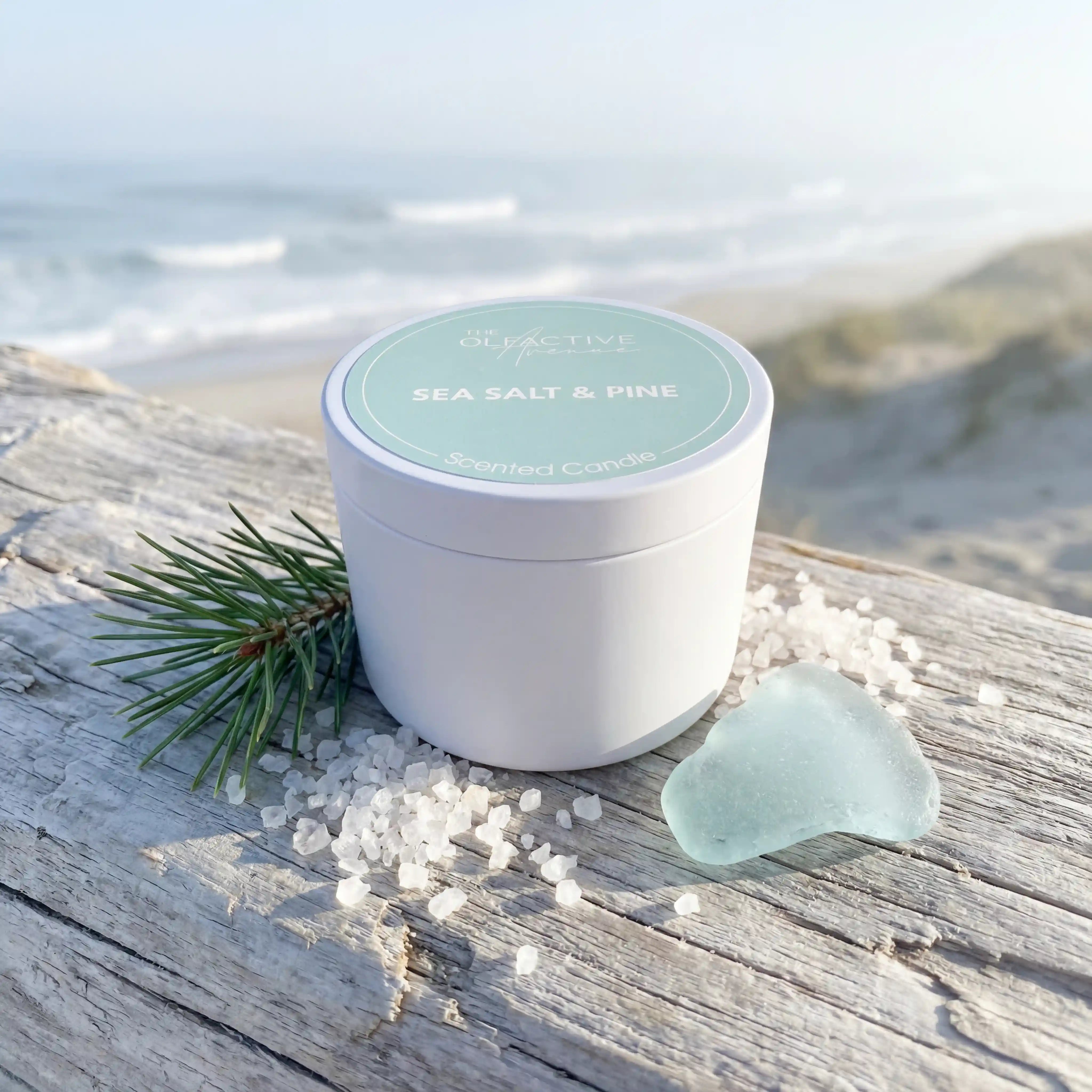 Geschlossene maritime Duftkerze Sea Salt & Pine auf verwittertem Treibholz an der Küste. Das hellblaue Label auf dem Deckel ist durch die erhöhte Perspektive perfekt lesbar, umrahmt von Meersalz und Kiefernnadeln.
