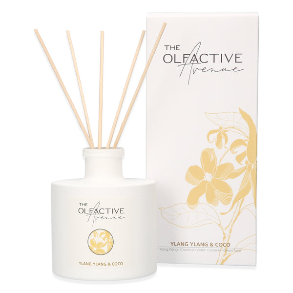 Luxuriöser Ylang Ylang & Coco Raumduft Diffuser – exotische Vanille & Kokosnuss mit Rattanstäbchen, The Olfactive Avenue